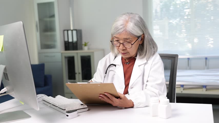 Elderly Asian female doctor wearing a lab coat and stethoscope working on a computer at her desk. Professional medical doctor using technology.
