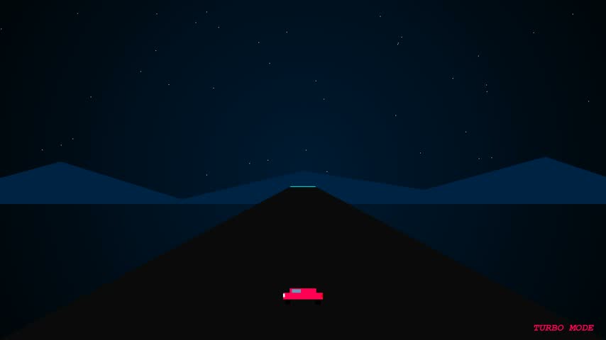A vibrant digital pixel art animation depicting a small red car driving along a dark nighttime highway. The retro arcade style video features minimalist mountains in the background under a starry night sky, with a subtle glowing HUD element indicating turbo mode. This nostalgic looped graphic is ideal for synthwave music videos, retro gaming content, and modern digital art projects.