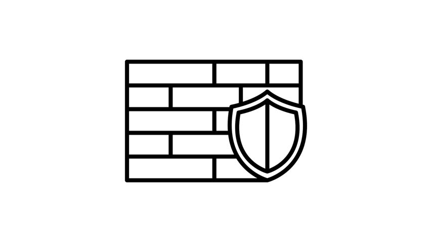 A vibrating or shaking black and white line-art illustration of a firewall icon, featuring a brick wall and a security shield, on a white background.