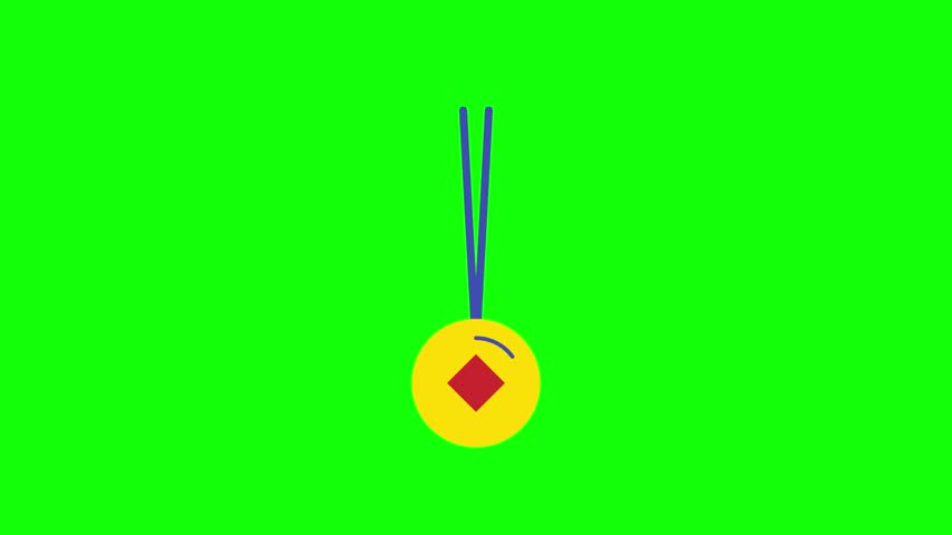 A flat vector illustration of a gold coin or medallion designed as a 2D animation asset. It features a red diamond center and blue accents, hanging on strings against a bright green screen background for easy compositing in game design or video production.