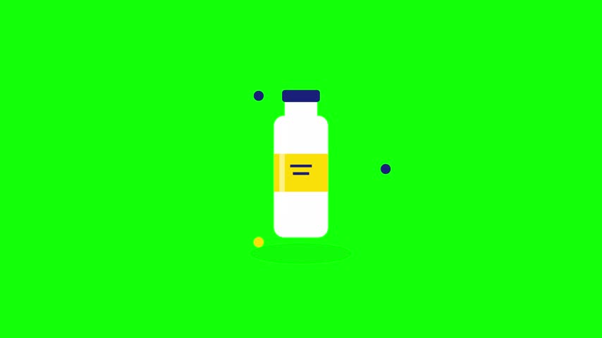 A high-quality 2D animation style illustration of a white beverage bottle with a yellow label and blue cap. This minimalist flat design vector asset is set against a vibrant chroma key green background, perfect for motion graphics, educational videos, and digital marketing content.