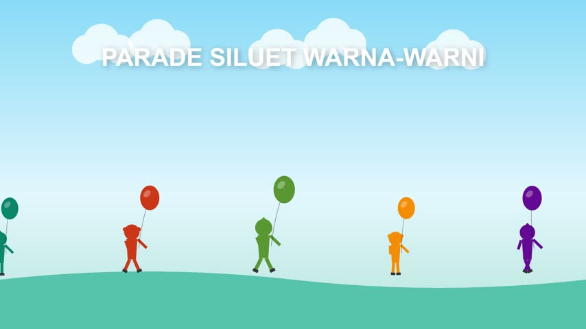 Animated colorful silhouettes of people holding balloons walking in a parade on a sunny day with clouds in the background