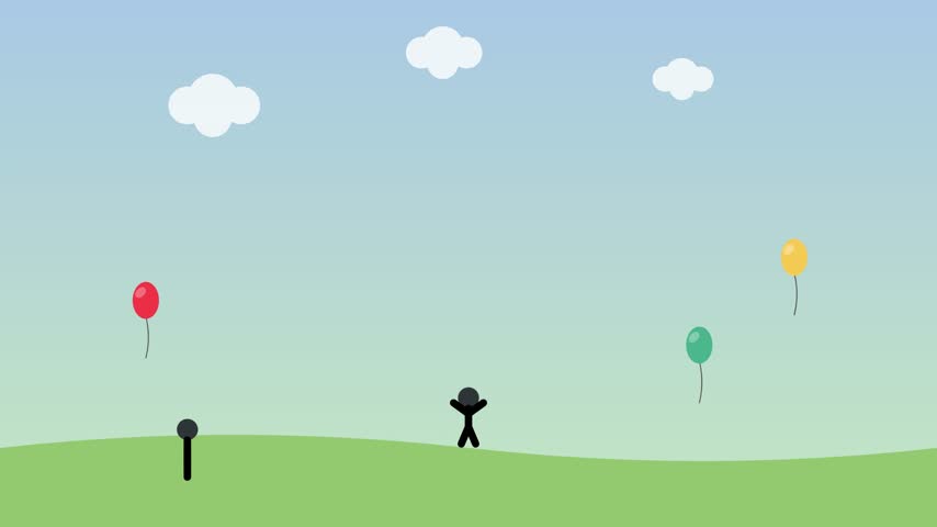 A cheerful animation showing silhouettes of happy children playing with balls and balloons in a grassy park setting under a blue sky.