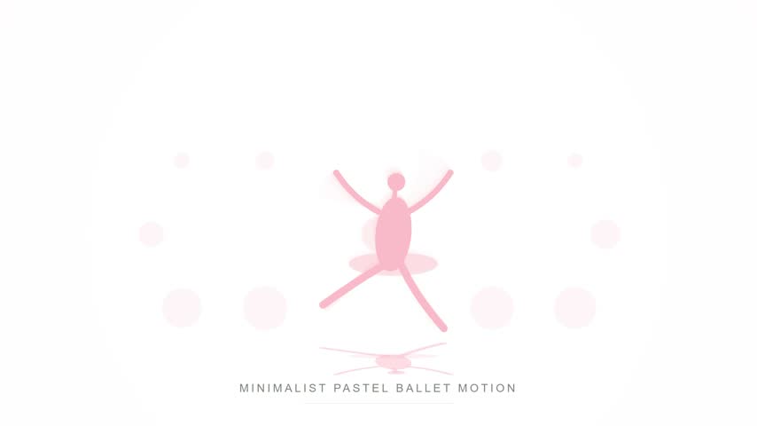 A graceful and elegant minimalist motion graphic animation featuring a stylized pastel pink ballerina performing ballet moves against a soft white background.