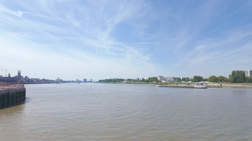 Scheldt River Antwerp Belgium with Barge Traffic and Cathedral Skyline on Sunny Summer Day