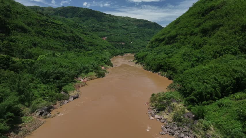 Aerial view of the tourist road along the Chishui River valley, Guizhou Province, China