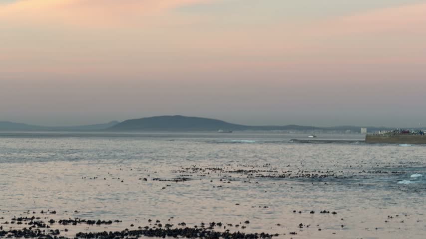 A soft peach and grey dusk sky settles over Table Bay in Cape Town, South Africa, with the low, hazy outline of a distant headland on the horizon.
