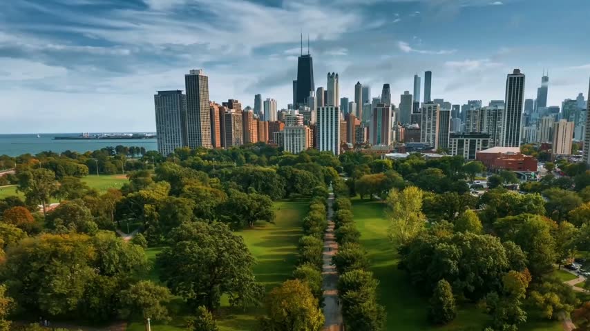 Beautiful aerial view of downtown Chicago, Illinois, USA, featuring the iconic city skyline, modern skyscrapers, lush green parkland, and Lake Michigan under a dramatic blue sky. Cinematic urban landscape showcasing architecture, nature, and city life. Ideal for travel, tourism, real estate, business, urban development, and lifestyle projects.