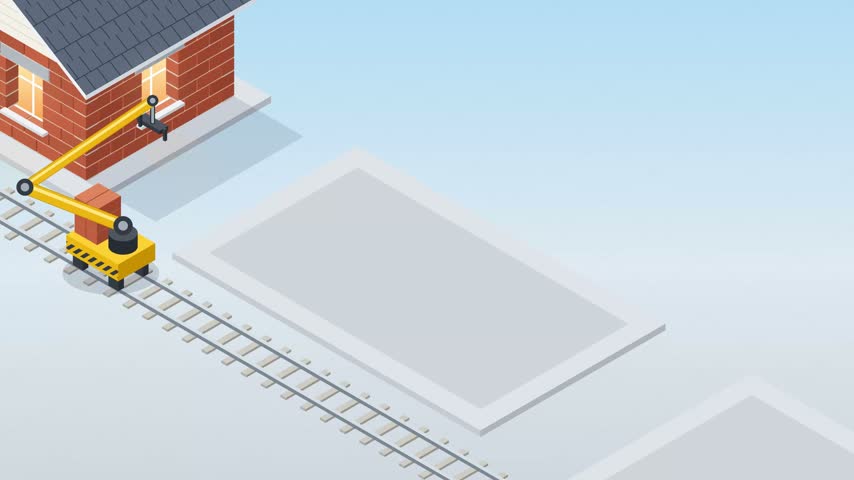 A 3D isometric animation showing the step-by-step construction of a brick house and subsequent maintenance work by a small crane machine.