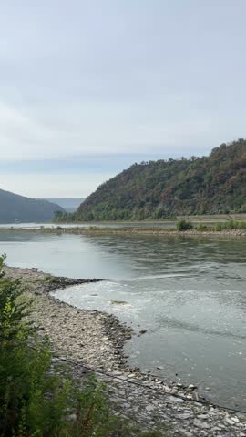 selective focus scenic view of the rhine river between green mountains in germany