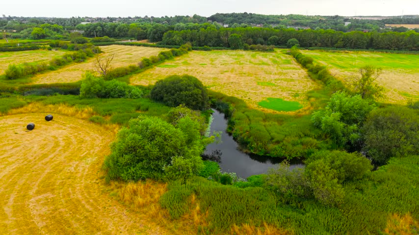 Meandering river through harvested hay fields with wrapped bales and lush green vegetation. Aerial countryside view with wetland plants and mature trees. Rural freshwater ecosystem beside summer