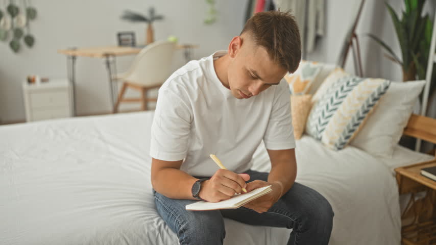 Man seated on bed writing in notebook, hand gripping pen and focused on pages in a bedroom setting; concentration.