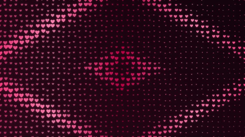Rotating geometric circles formed by tiny pink hearts creating an elegant abstract pattern on a dark background.