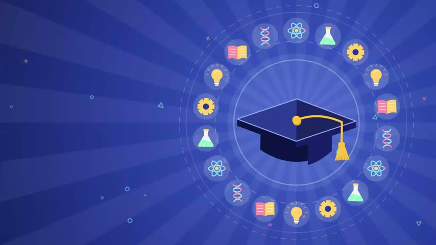 2d vector graduation hat science icons background with floating academic caps and symbols