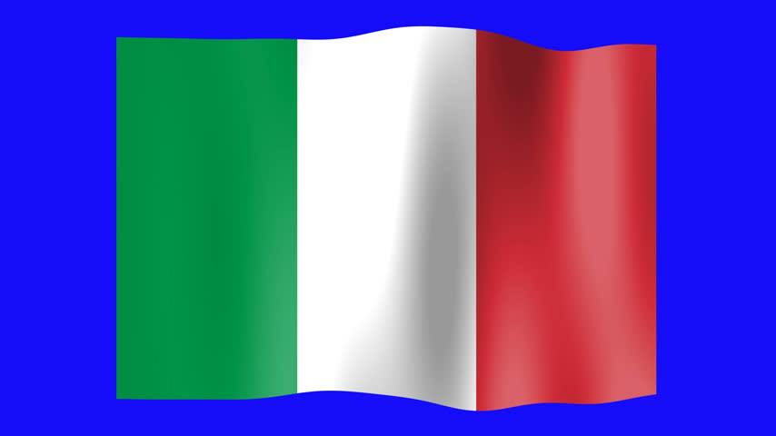 Italian Flag Waving Smoothly Against a Solid Blue Screen Background with Gentle Ripples and Visible Fabric Texture on the Green White and Red Vertical Stripes during the Animation