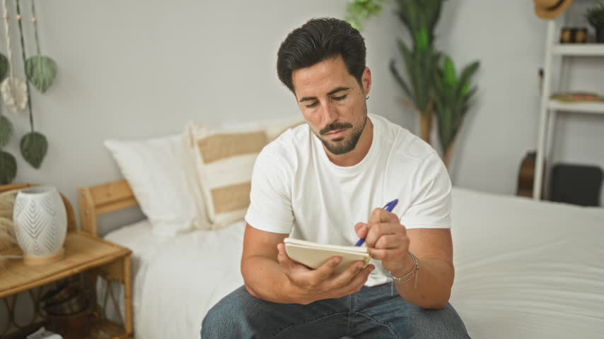 Man taking notes in a notebook on bed, pen in right hand, forearms visible, seated on a bedroom mattress; quiet concentration.