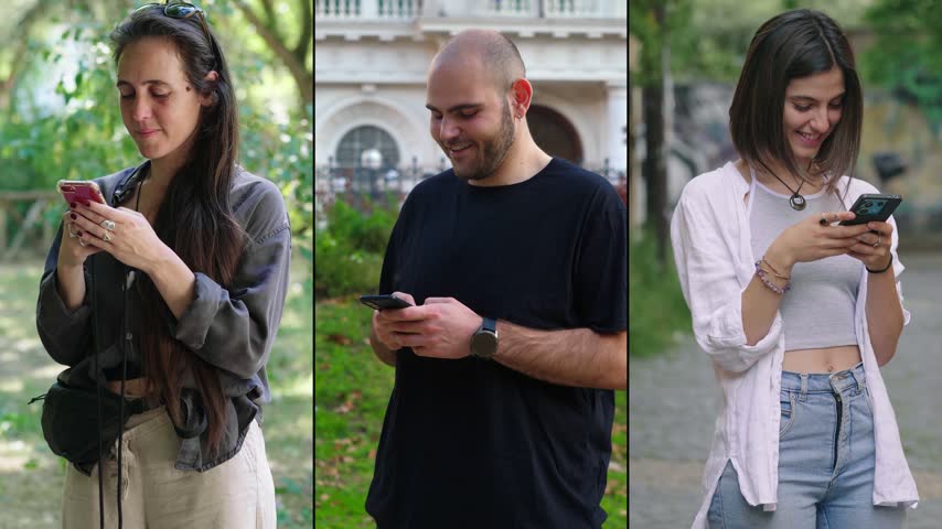Multiscreen showing two young women and one young man using smartphones to coordinate a birthday party surprise.