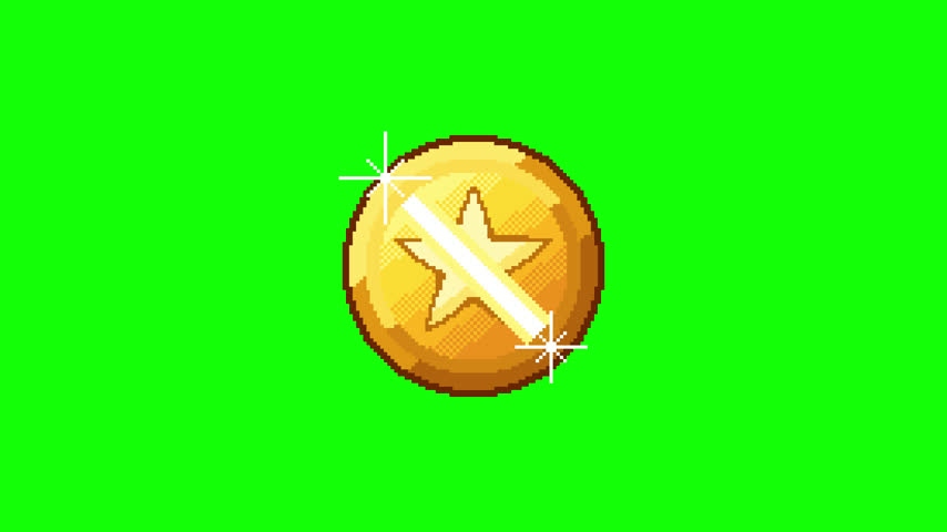 Rotating 8-Bit Gold Pixel Coin with Orange Gradient and Sparkling Highlights on transparent background. Retro Arcade Animation on alpha channel