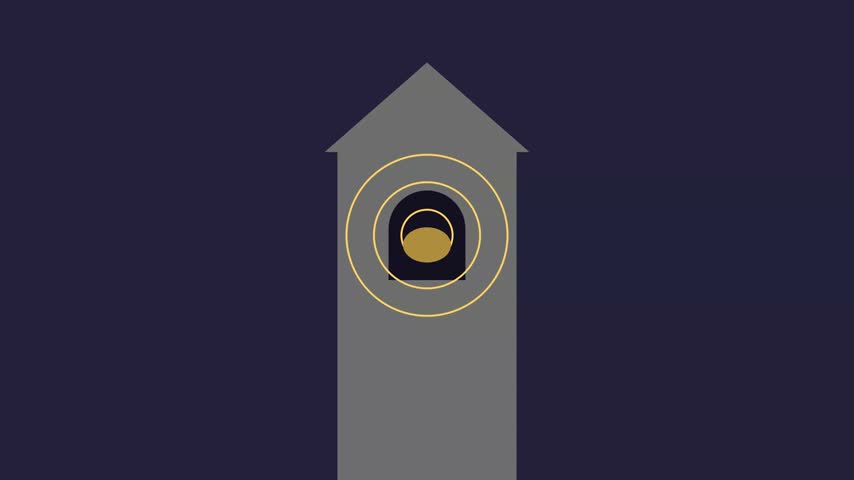 Church bell tower with a swinging bell and radiating rings.