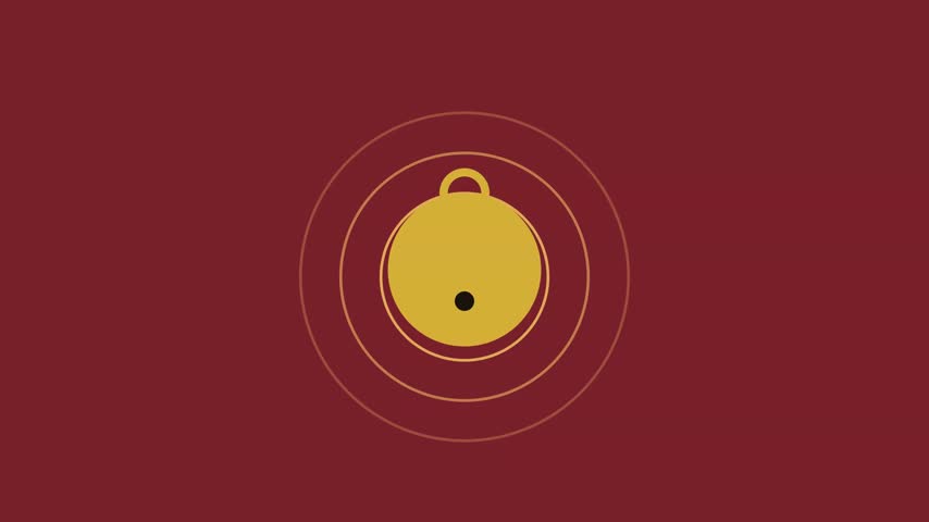 Giant sleigh bell swinging with radiating sound-wave rings.