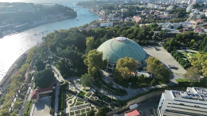 Aerial Drone View of Rosa Mota Pavilion with Douro River and Arrabida Bridge in Porto, Portugal
