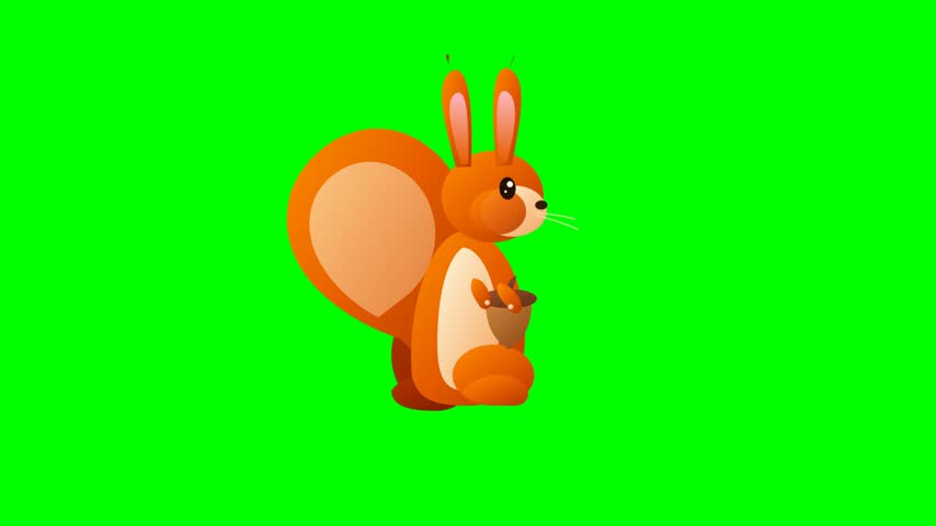 A cute orange cartoon animal holding a small brown nut stands against a vibrant chroma key backdrop. The playful creature features long ears and a fluffy tail rendered in smooth flat vector art style. Bright lighting illuminates the cheerful character during this looped digital studio animation sequence.