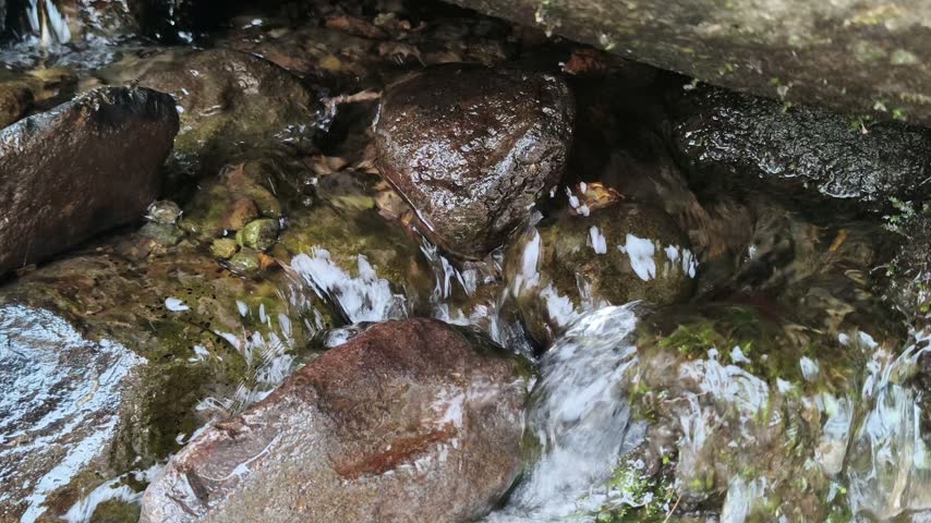 Clear freshwater stream flowing over wet rocks and stones in wild nature