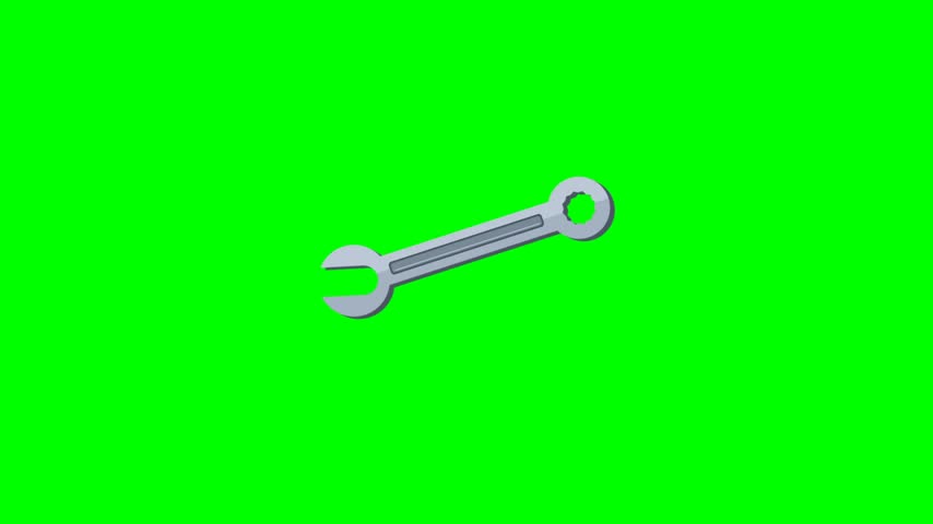 Animated 2D vector style metallic wrench rotating against a bright chroma key background. This professional graphic displays precise mechanical hardware design regarding technical repair projects. Smooth movement highlights the realistic shine and matte texture found within industrial engineering equipment. An isolated subject provides versatile utility during various digital media assembly tasks.