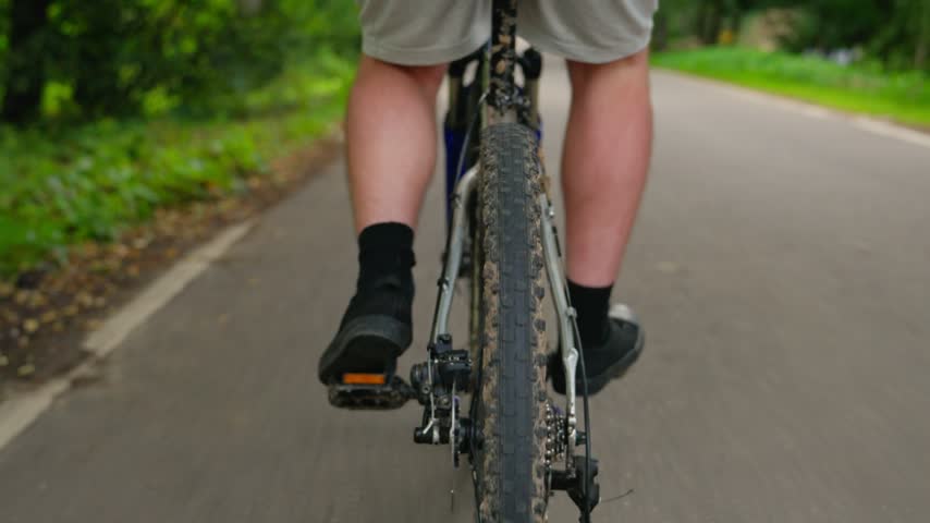 Cyclist riding along the road, view from behind