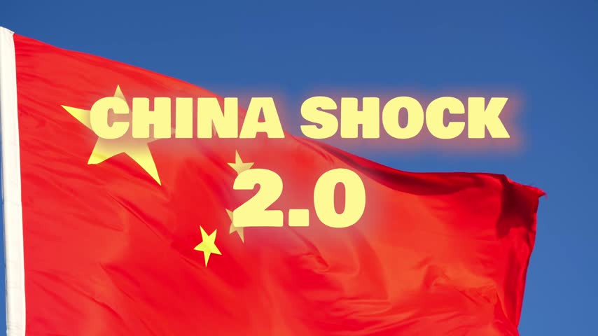 Waving Chinese national flag with bold text "CHINA SHOCK 2.0".