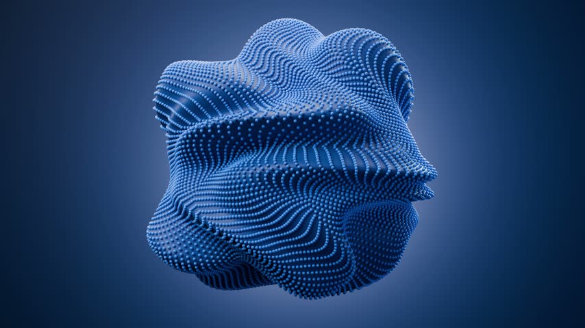 A smooth blue sphere made of countless small bead-like particles rotating slowly against a soft blue gradient background, abstract 3D animation seamless loop