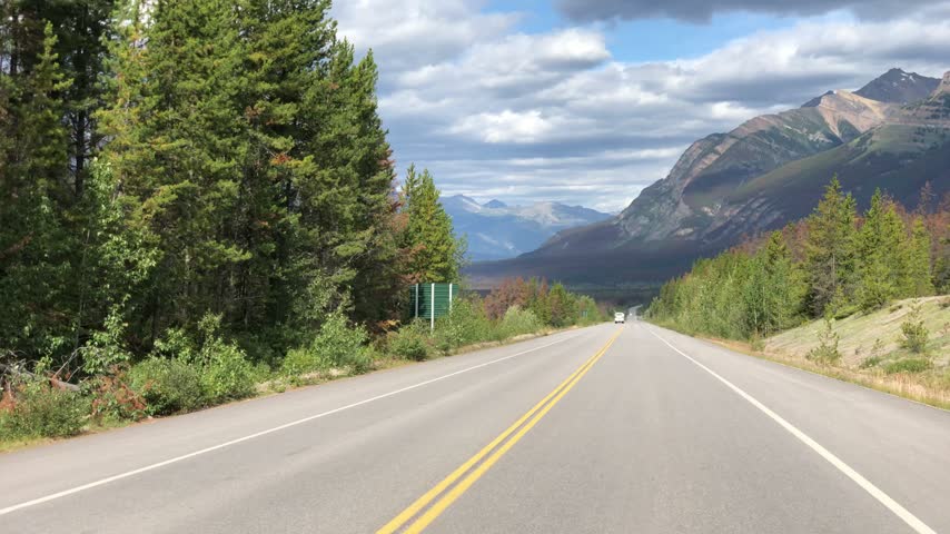 Mountain scenery beside the Icefields Parkway in Jasper National Park, Canada.