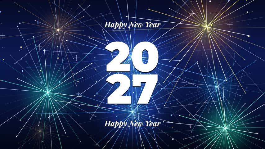 Happy New Year 2027 celebration background with golden blue fireworks illuminating the dark sky