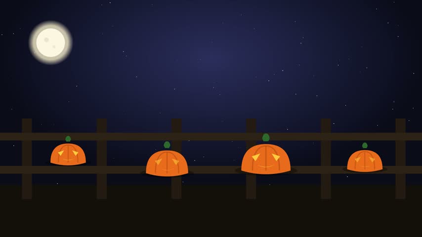 Glowing jack o lantern pumpkins lined up along a wooden fence at night. Animated vector illustration of carved glowing pumpkins flickering beside a rustic wooden fence under a starry Halloween sky. Seamless 10 second loop for autumn and Halloween projects.