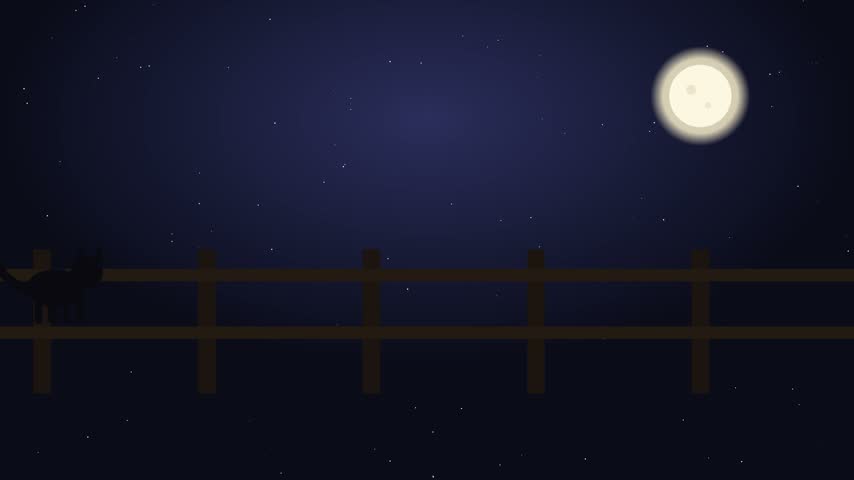 Black cat silhouette walking along a fence under the moon. Animated vector scene of a black cat silhouette strolling along a wooden fence with swaying tail under a moonlit Halloween sky. Seamless 10 second loop for spooky cute Halloween projects.