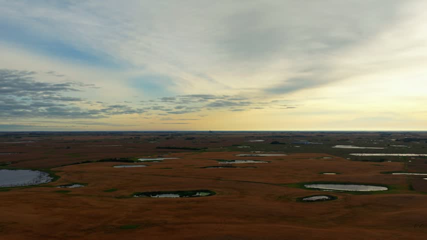Morning aerial drone shot flying forward over wheat and barley fields in southern Saskatchewan, with small lakes and a vibrant sunrise sky above the prairie landscape