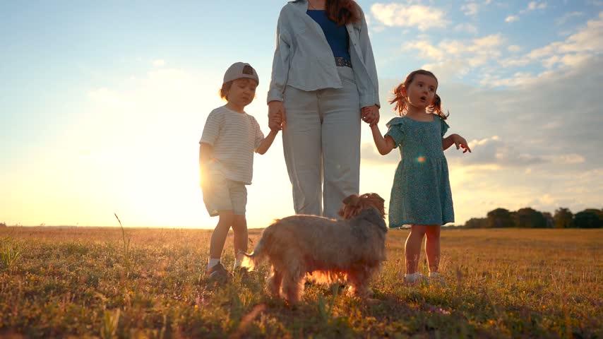 A woman holds hands with a boy and a girl in a grassy field. The boy, girl, and woman stand together with a small dog at sunset.