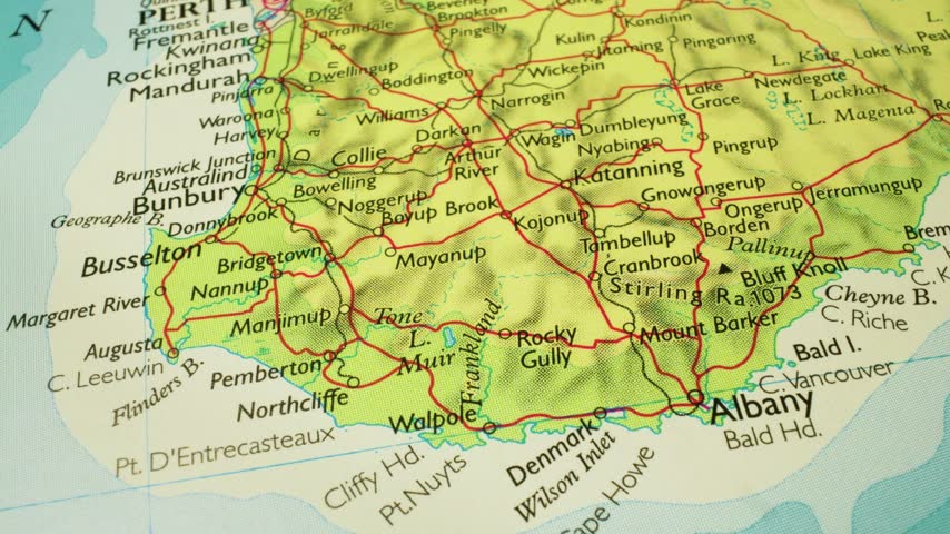 Perth, Australia – Travel route across Western Australia shown on a physical map