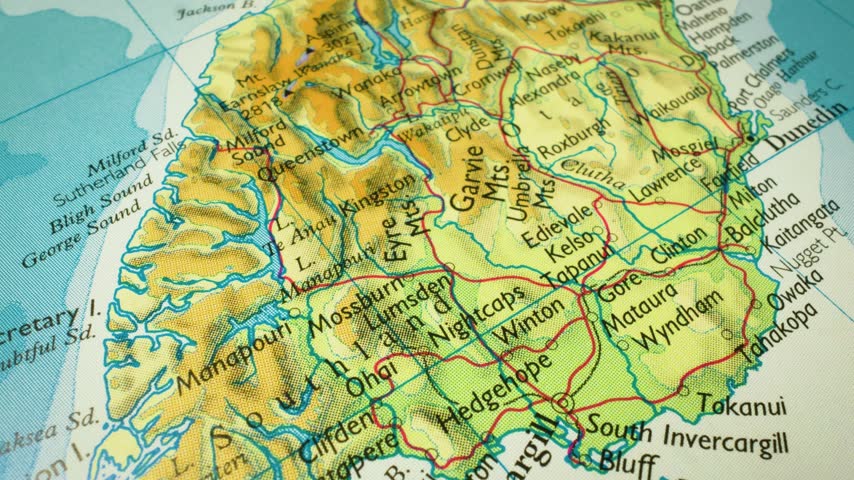New Zealand – flyover to the Southern Alps on a physical atlas map