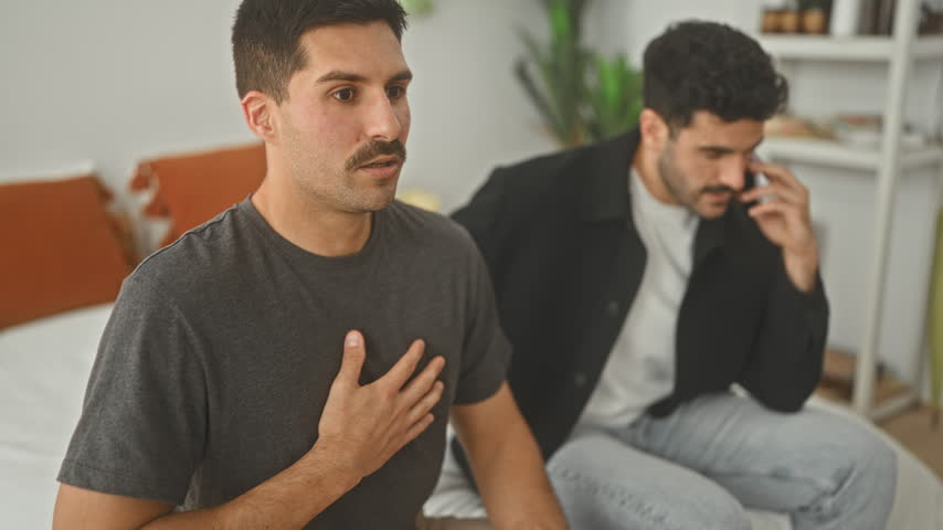 Two men on bed, one clutching chest for heartattack while the other speaks on phone in a residential building; quiet support concern.