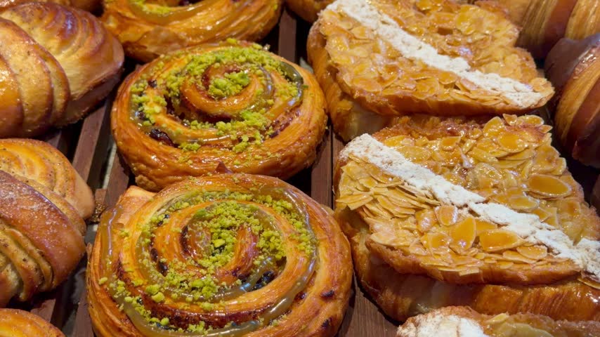 Assorted sweet pastries including cinnamon rolls and almond croissants are displayed indoors on a wooden surface at a bakery shop. Delicious breakfast, sweet bakery, freshly baked treats.