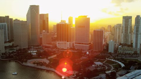 Miami - December 2012: Aerial sunset view Bayfront Park Downtown Miami sun, lens flare, Florida, USA