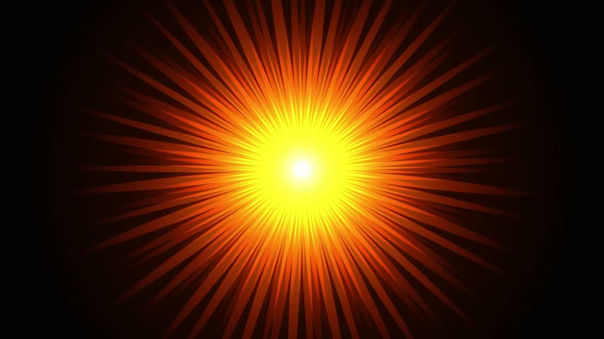 Bright glowing sunburst with intense yellow and fiery orange rays against a dark background