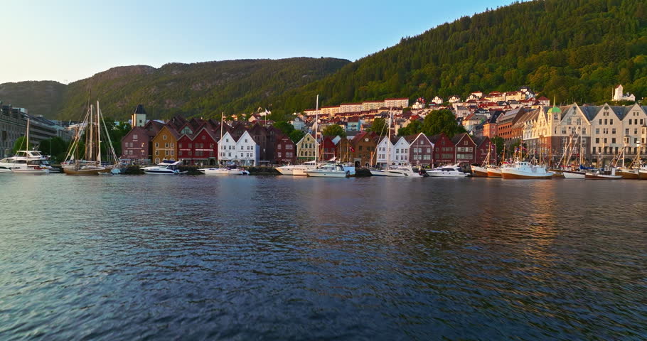 Aerial view of Bergen, Norway. Colorful buildings along the waterfront in Bergen, Norway during a sunset in summer