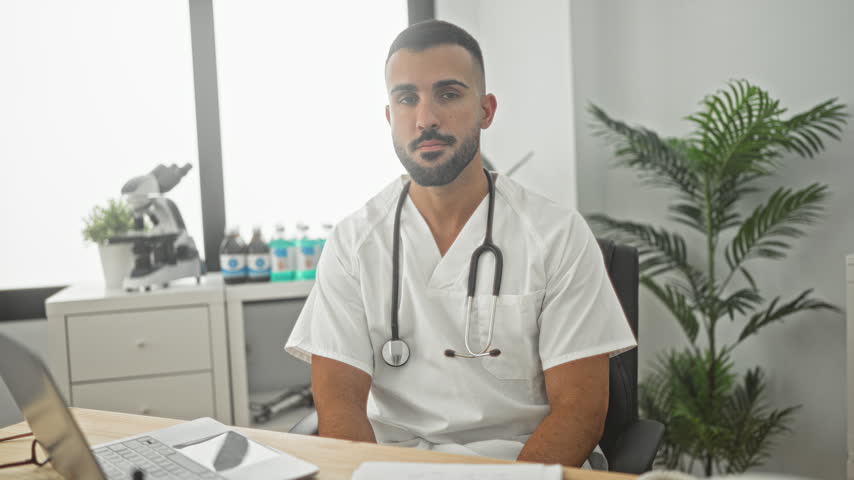 Man doctor with stethoscope at laptop shrugs palms up, hands open in clinical office building; uncertainty telemedicine.