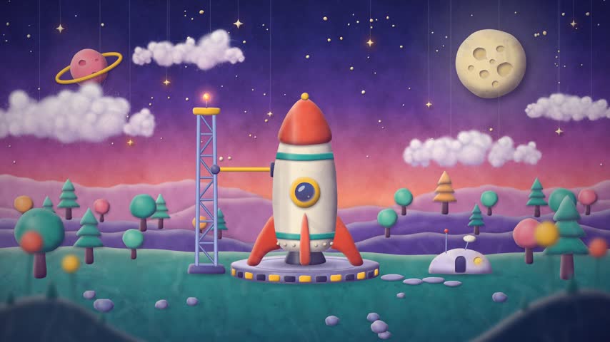 Charming stop-motion style clay rocket lifting off from a launchpad with cotton wool smoke clouds.
