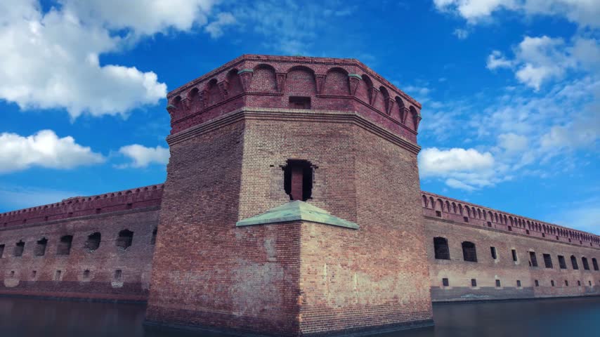 Panoramic view along the moat of Fort Jefferson in Tortugas National Park.DRY TORTUGAS NATIONAL PARK, FL : Countless brick arches are one of the unique architectural features of historic Fort Jefferson  in Dry Tortugas National Park, FL