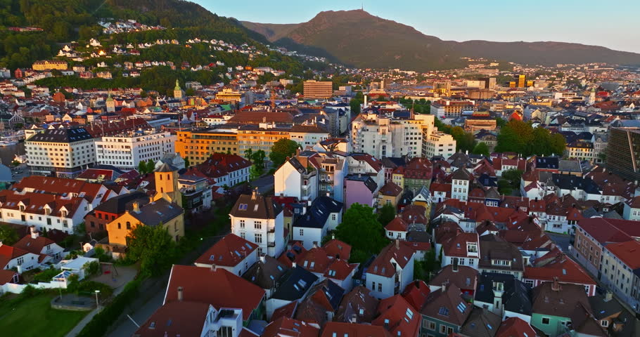 Aerial view of Bergen, Norway. Colorful buildings along the waterfront in Bergen, Norway during a sunset in summer
