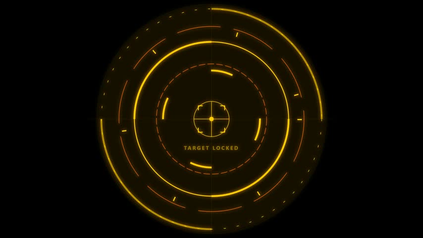 Glowing yellow concentric rings of a futuristic circular user interface element on a solid black background