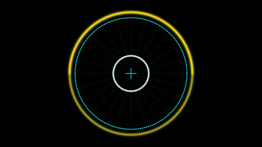 Glowing yellow circular sci-fi user interface element with concentric rings on a solid black background